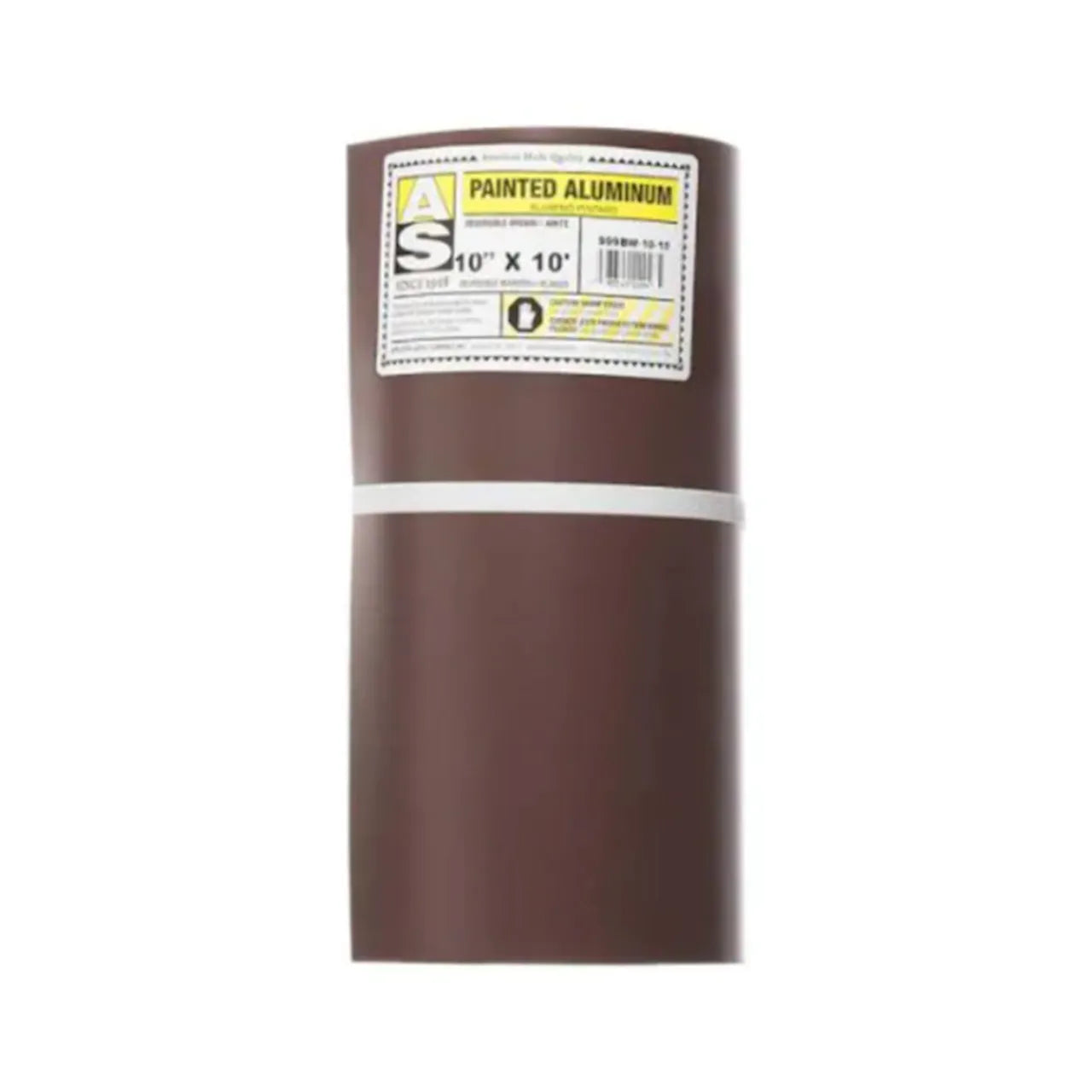 A Go Build 10 in. x 10 ft. Aluminum Roll Valley Flashing in Royal Brown Over Birch White is shown upright against a white background, with its size displayed on the label. Brand: Go Build, The Fastest Way To Build.